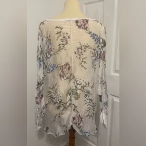 Tempo Paris Silk Blend Floral Boho Blouse Ivory Sheer Button Front Twist Hem Lrg thumbnail 3