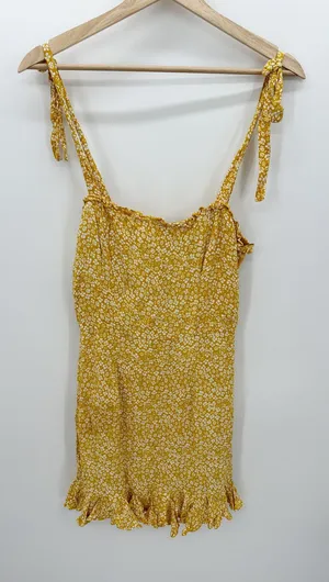 Bardot‎ Yellow Microfloral Tie Strap Ruffle Mini Dress Women Size 4 XS FI19 thumbnail 1