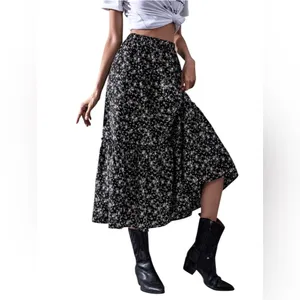 Catch Stitch Floral Print High Waist Frill A Line Flared Long Black Skirt M thumbnail 2