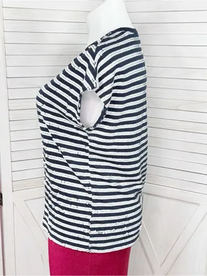 Lauren Ralph Lauren Sequin Striped Cap Sleeve Top Blue White Large Nautical thumbnail 2