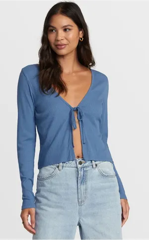 RVCA blue ribbed tie front long sleeve top L Y2K school casual thumbnail 1