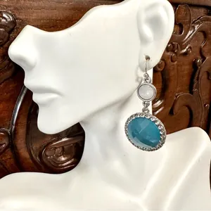 Blue rhinestone silver tone drop earrings thumbnail 3