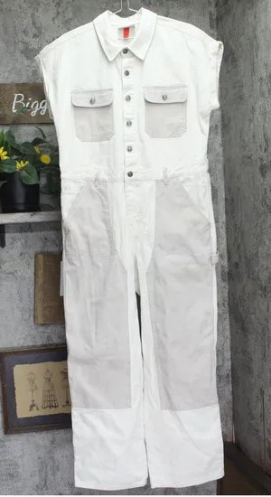 Woolrich X TGT Western Button Down Cotton Denim Jumpsuit Cream Off White 12 thumbnail 1