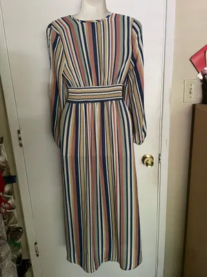 Penelope Asymmetric Stripe Long Sleeve Linen and Silk Shirtdress, featuring a V-neckline thumbnail 7