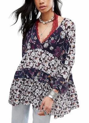 Free People Floral Semi Sheer Long Sleeve Isabella Tunic Blouse Small thumbnail 1