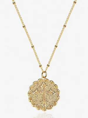 14K Gold Vintage Cross Coin Pendant Necklace Textured Medallion 19-22” Preppy thumbnail 1