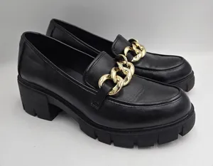 Steve Madden Y2K Madden NYC Loafers Womens 9 Black Chunky Gold Chain Lug Sole Platform Heels thumbnail 1