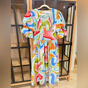 Red Dress Boutique Colorful maxi midi dress puff sleeve vneck button down swirl print thumbnail 2