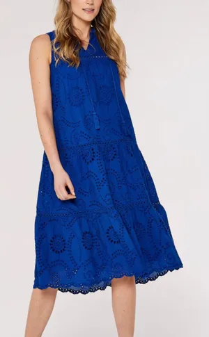 APRICOT Tassel Broderie Midi Dress Blue Sz‎ 8 thumbnail 1
