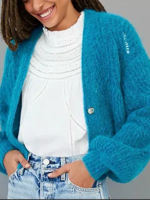 Anthropologie Gaby Textured Alpaca Wool Cardigan Size Small Blue Sweater Fall thumbnail 1