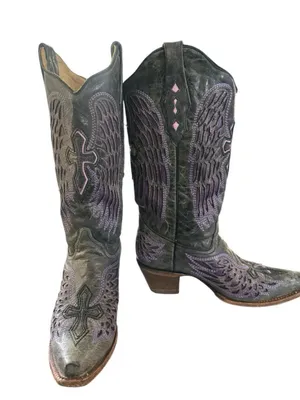 Corral Boots Women's Distressed Black Winged Cross Purple Inlay Boots Size 9 thumbnail 8