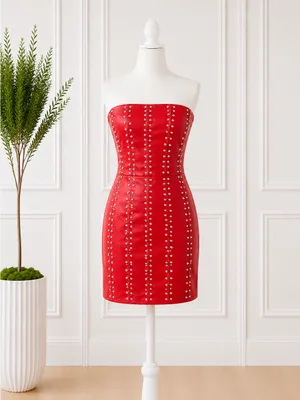 Steps NY Red Studded Faux Leather Strapless Mini Dress Size Large thumbnail 4