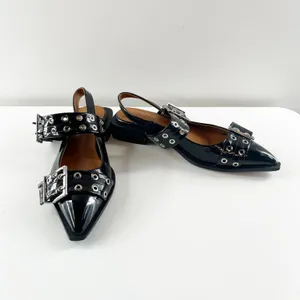 Boutique Black Patent Leather Buckle Slip On Pointed Toe Slingback Flat Shoes 39 / 8.5 thumbnail 2