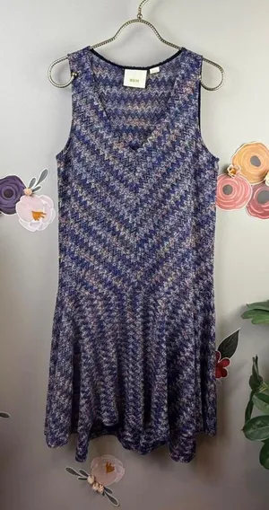 Maeve by Anthropologie Blue V-Neck Chevron Sleeveless Midi Dress - Size - Small thumbnail 1