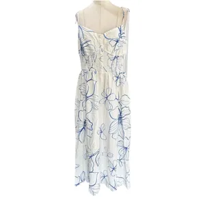 Gap Linen-Blend Smocked Corset Midi Dress Blue & White Floral Size Medium thumbnail 16