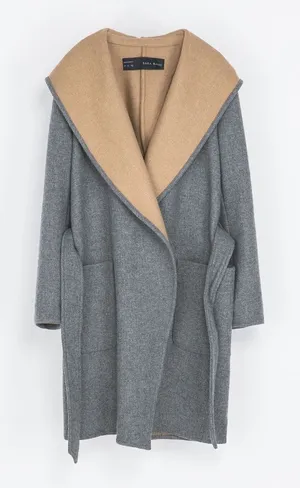 Zara Wool Blend Camel Gray Wraparound Hooded Coat MEDIUM thumbnail 1