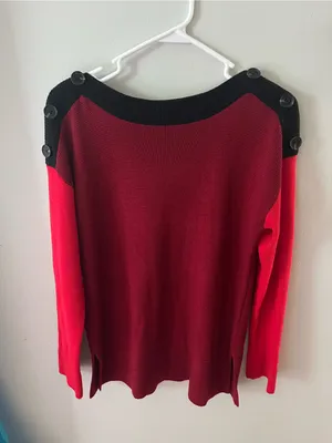 Vince Camuto Two-Tone Red Off-the-Shoulder Button Sweater thumbnail 2