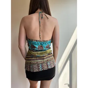 Printed Vintage Graphic Blue and Green Halter Top‎ thumbnail 6