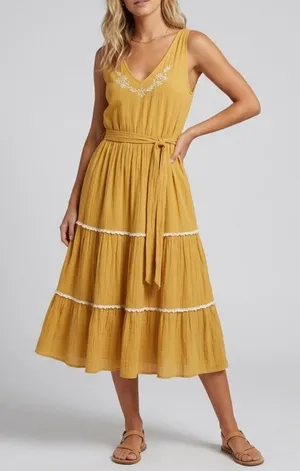 NEW Joie Mustard Sleeveless Tiered Midi Dress with Waist Sash SIZE 8 Boho thumbnail 1