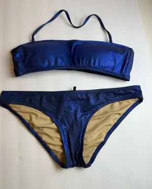 J.Crew Metallic Blue Bandeau Bikini Swimsuit Set Top M Bottom S Halter‎ Strap thumbnail 1