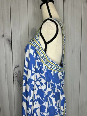 Vince Camuto Floral Border Print Smocked Back Maxi Dress Blue White Sz L Rayon thumbnail 6