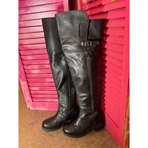 Tata Black Leather Over The Knee Boots Buckle Detail Low Block Heel Tall Boots thumbnail 2