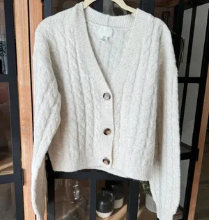 H&M wool chunky cableknit cardigan sweater beige oatmeal vneck button down thumbnail 1