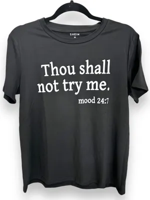 Women’s Medium “Thou Shall Not Try Me” Black Short Sleeve T-shirt • BNIB thumbnail 1