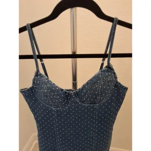 IRIS Polka Dot Sleeveless Zip Size M Adjustable Straps Jewel Cubic Jean Bodycon thumbnail 2