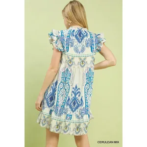 Umgee Mix Ruffle Sleeve‎ Boho Print Dress - Cerulean Mix - Small thumbnail 3