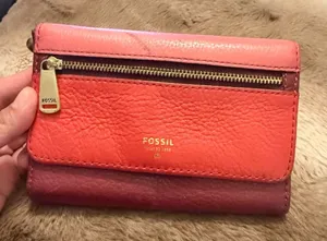 Fossil, leather bifold wallet; red/maroon Has a pen mark on the front thumbnail 1