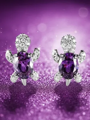 Silver Turtle Stud Earrings with Purple Gemstones thumbnail 3