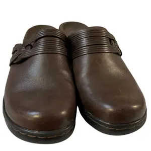 CLARKS Chocolate Dark Brown Leather Clog Mules Slides Shoes - Size 7 thumbnail 3