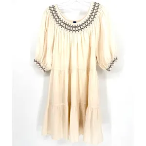 Old Navy Tiered‎ Mini Dress Womens Large Cream Boho Smocked Embroidered Peasant thumbnail 3