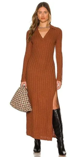 NWT L'Academie Revolve Arina Brown Maxi Sweater Dress Large Knit Open Back thumbnail 1