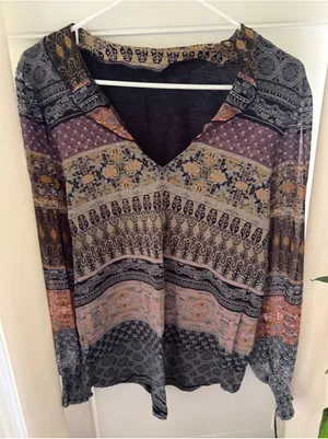 Lucky Brand Top BOHO V Neck Long Sheer Puff Sleeve Ruffle Collar Size M thumbnail 1