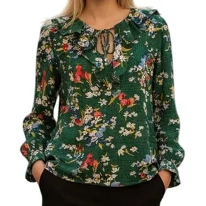 LOFT Green Floral Bouquet ‎ Ruffle Trim Tie Neck Blouse L/S NWOT Size Small thumbnail 1