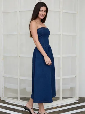 The Workshop Strapless Smocked Denim Midi Dress Dark Denim – Size Medium thumbnail 2