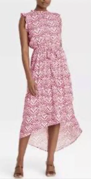 Who What Wear High Low Dress Womens Medium Pink‎ Batik Ruffle Sleeveless Resort thumbnail 1