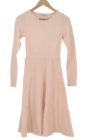 YGY Knit Dress Womens A Fit and Flare Peach Scalloped Long Sleeve Pleated Exc thumbnail 1