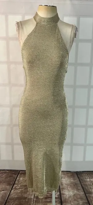 Capsulle Gold Metallic Halter Open Back Sleeveless Midi Bodycon Dress Large thumbnail 1