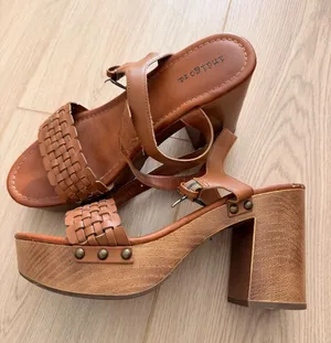 Woven Faux Leather Platform Sandals Brown Size 9 thumbnail 1