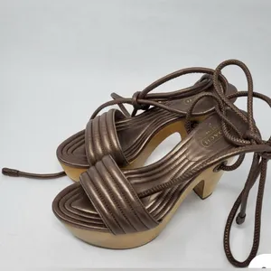 Coach Bronze Brown Leather Strappy Wooden Heel Sandals Modern Minimalist thumbnail 9