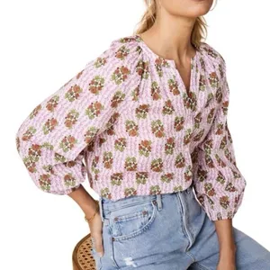 UNTUCKit Carrie Cotton Raglan Sleeve Blouse Pink Green Floral Medallion Size M thumbnail 1