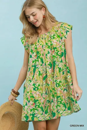 Umgee Tropical Floral Flutter Sleeve Swing Dress - Green‎ Mix - Small thumbnail 1