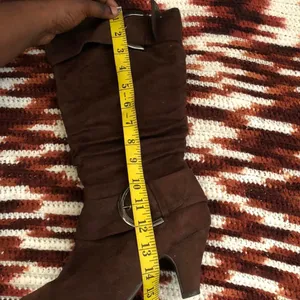 Y2K Brown Faux Suede Leather Mid Calf Boots Ruched Silver Large Chunky Buckles Round Toe Kitten Heels #western #country #boho #whimsygoth #stagecoach festival thumbnail 5