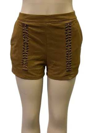 Love Riche Brown Faux Suede Braided Accent High Rise Zip Shorts Womens Medium thumbnail 1