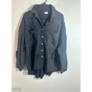 POL Washed Black‎ Distressed Denim Shacket Star Patch Frayed Hem SMT1165D Size M thumbnail 2