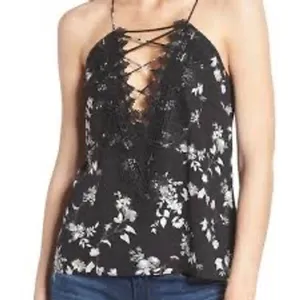 WAYF posie Strappy camisole womens S Black Floral Lace Up Front Sleeveless thumbnail 3