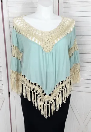 UMGEE Boho Peasant Crochet Fringe Hem Triangle Top‎ Teal Green Tan Large Hippie thumbnail 1